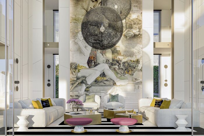 Formal Lounge. The high ceiling running into two floors, the lighting an imposing design element in itself and the large mural on the wall - it all adds to the splendour of this room.