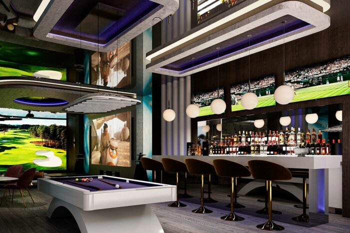 Entertainment room: this view looks towards the golf simulator. There are two VIP seating areas opposite the bar which would rival the coolest nightclubs in Marbella.