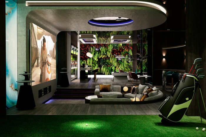 Entertainment room: the view from the golf simulator across the entire entertainment space to the vertical wall of living greenery beyond.