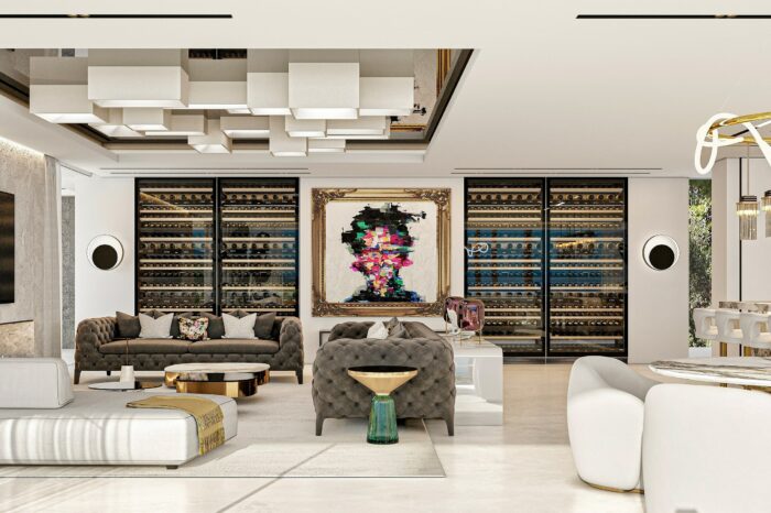 The view across the family space showing the four large wine display cabinets